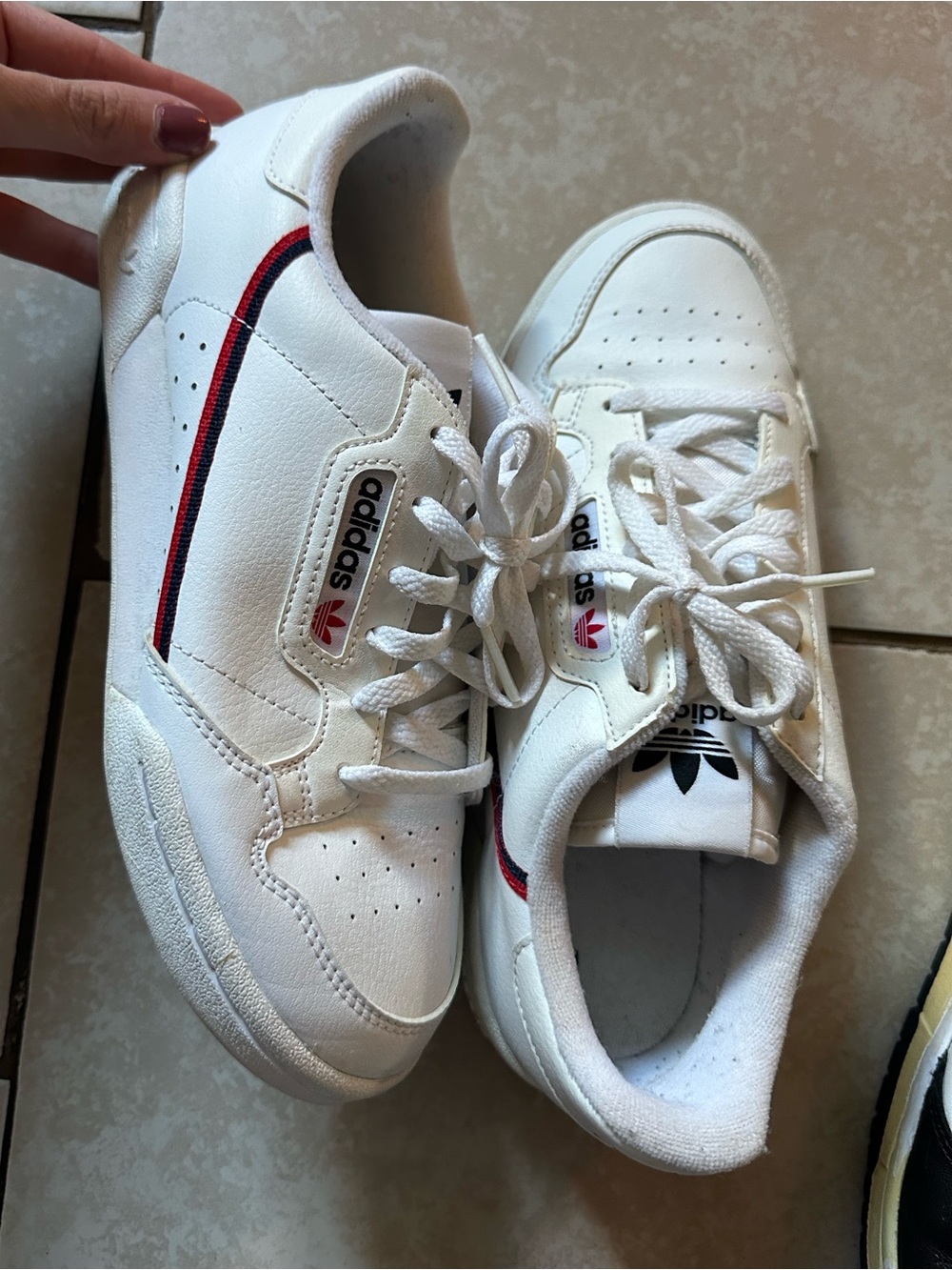 adidas White Leather Sneakers with Red & Navy Stripe